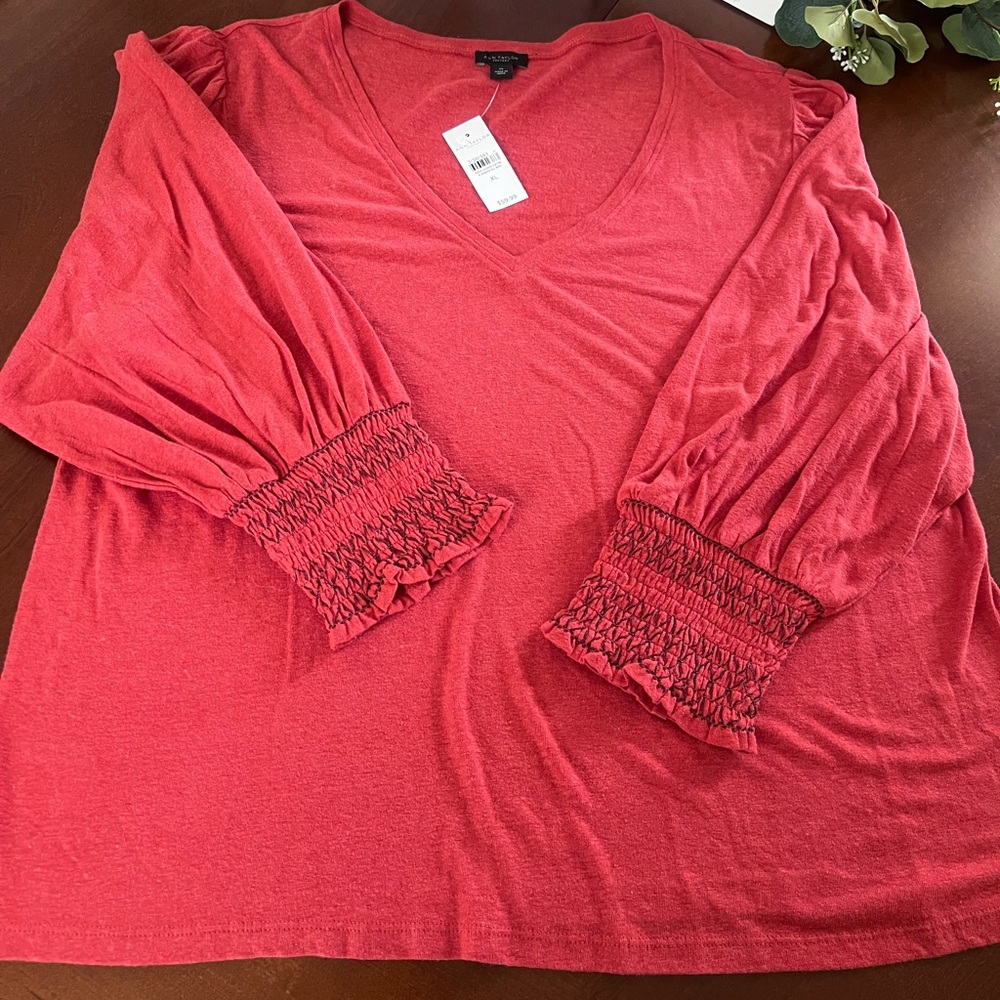 NWT Ann Taylor Rust V-Neck Blouse with Smocked Cuffs